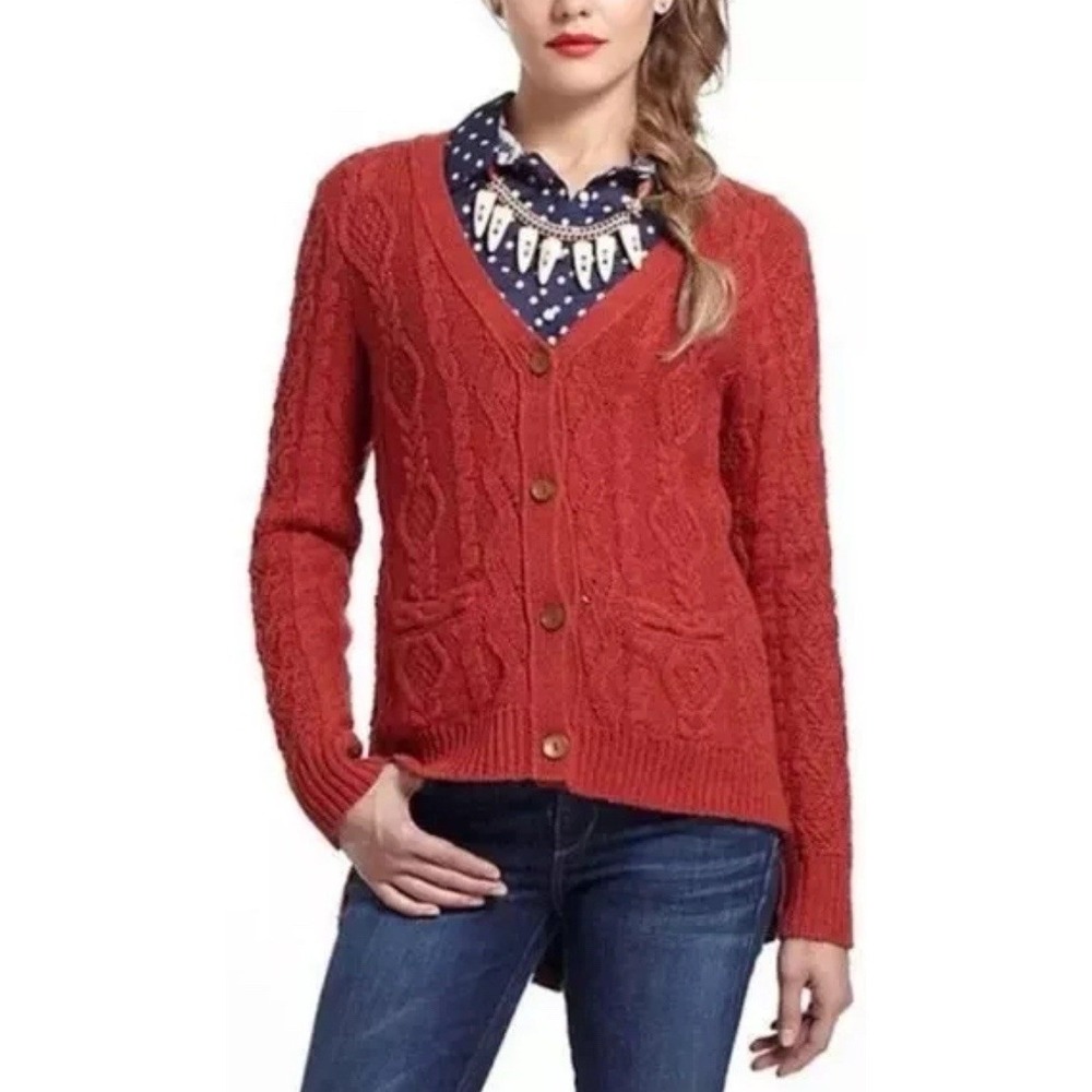 Anthropologie Far Away‎ From Close Pauline Cable Knit Cardigan Hi Lo Granny L - Picture 2 of 16